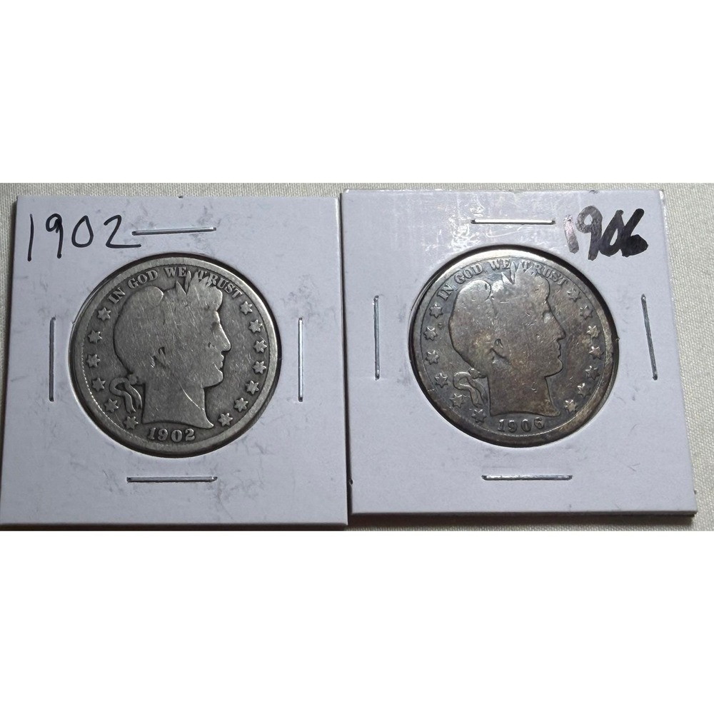 1902 and 1906 Barber Half Dollar US Silver Coins Lot of 2 90%‎ Silver